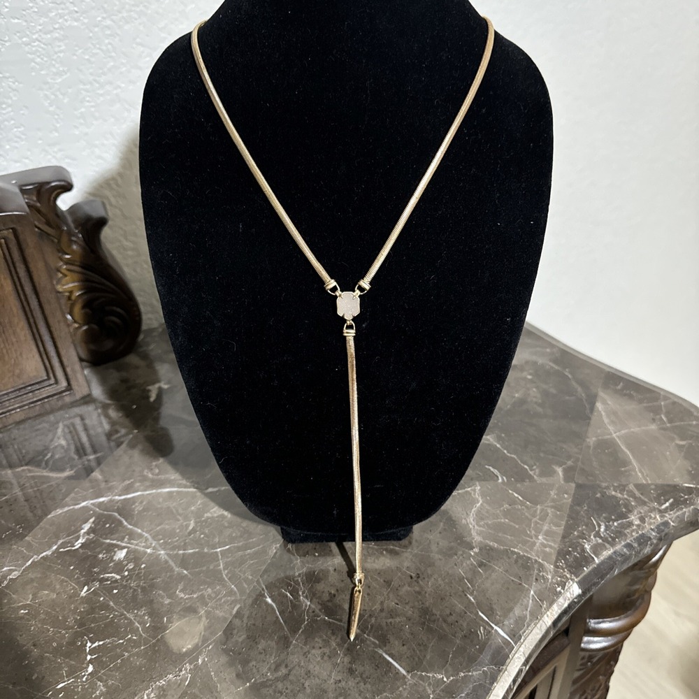 Kendra Scott Starla Necklace Gold Tone Pink White Iridescent Druzy Gem Y Shape